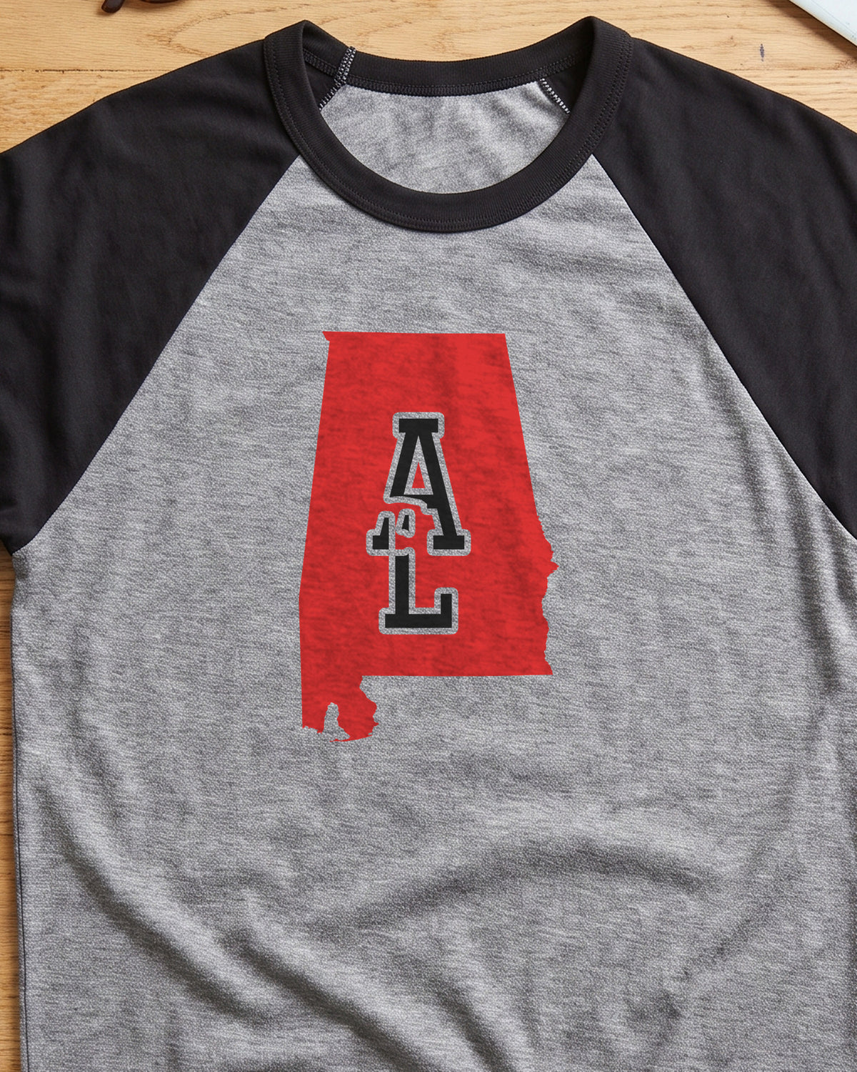 Alabama Varsity Monogram Map Raglan 3/4 Sleeve Tee (close-up)