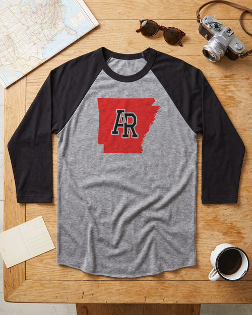 Arkansas Varsity Monogram Map Raglan 3/4 Sleeve Tee (photo)