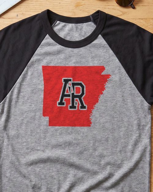 Arkansas Varsity Monogram Map Raglan 3/4 Sleeve Tee (close-up)