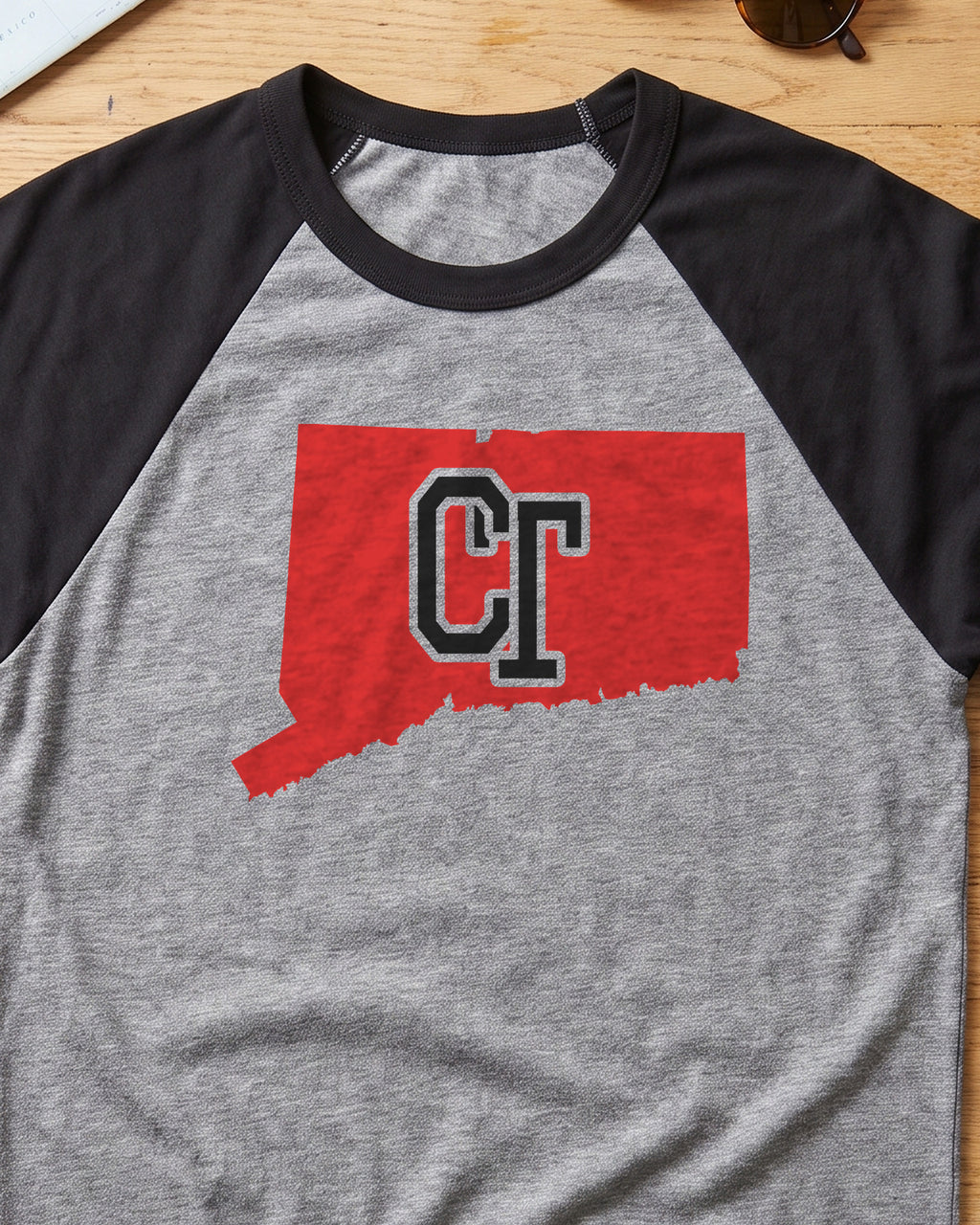 Connecticut Varsity Monogram Map Raglan 3/4 Sleeve Tee (close-up)