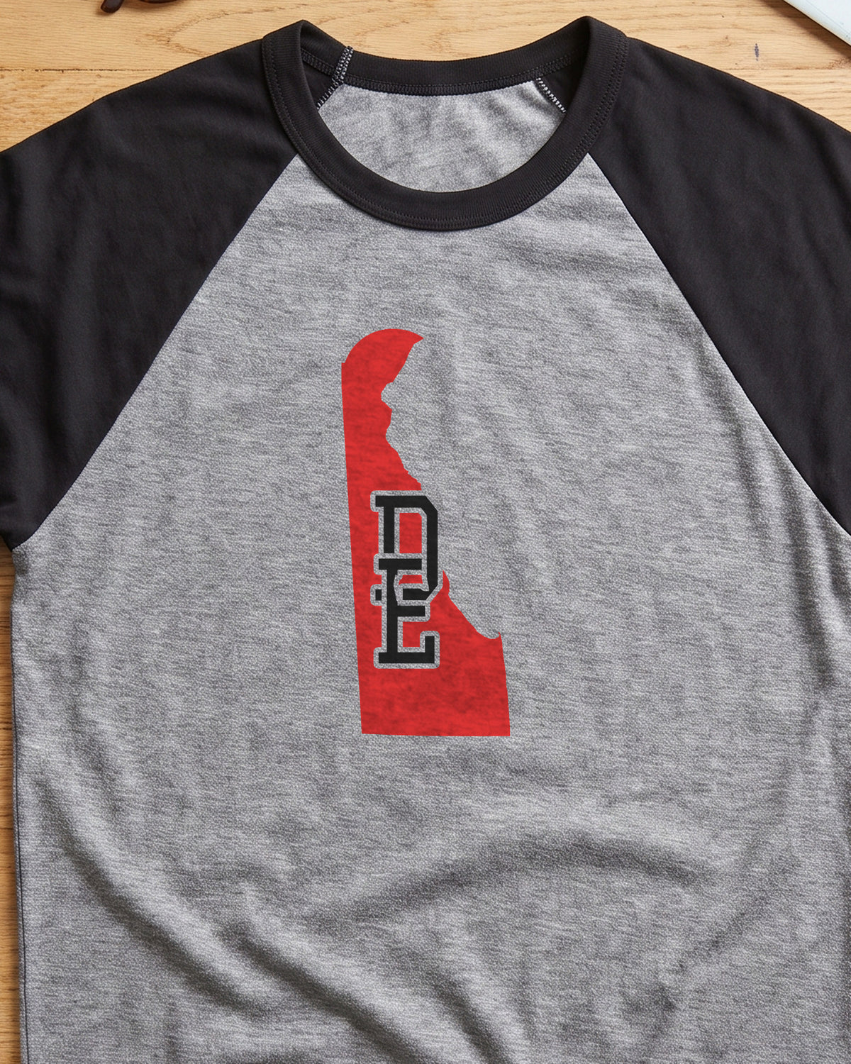 Delaware Varsity Monogram Map Raglan 3/4 Sleeve Tee (close-up)