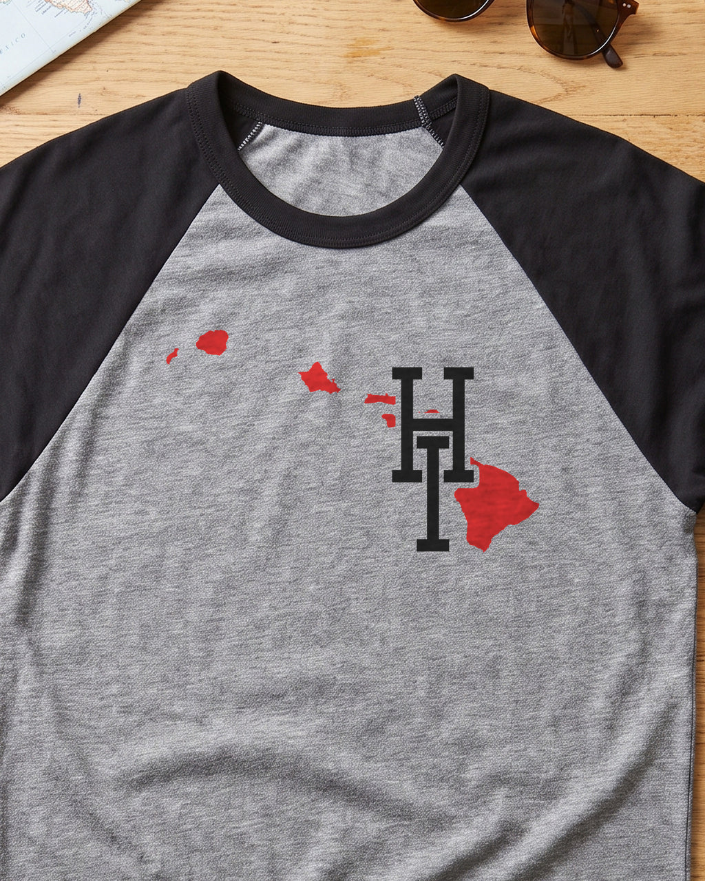 Hawaii Varsity Monogram Map Raglan 3/4 Sleeve Tee (close-up)