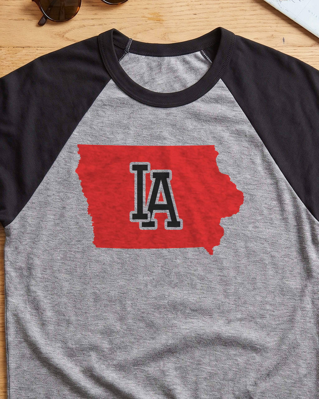 Iowa Varsity Monogram Map Raglan 3/4 Sleeve Tee (close-up)