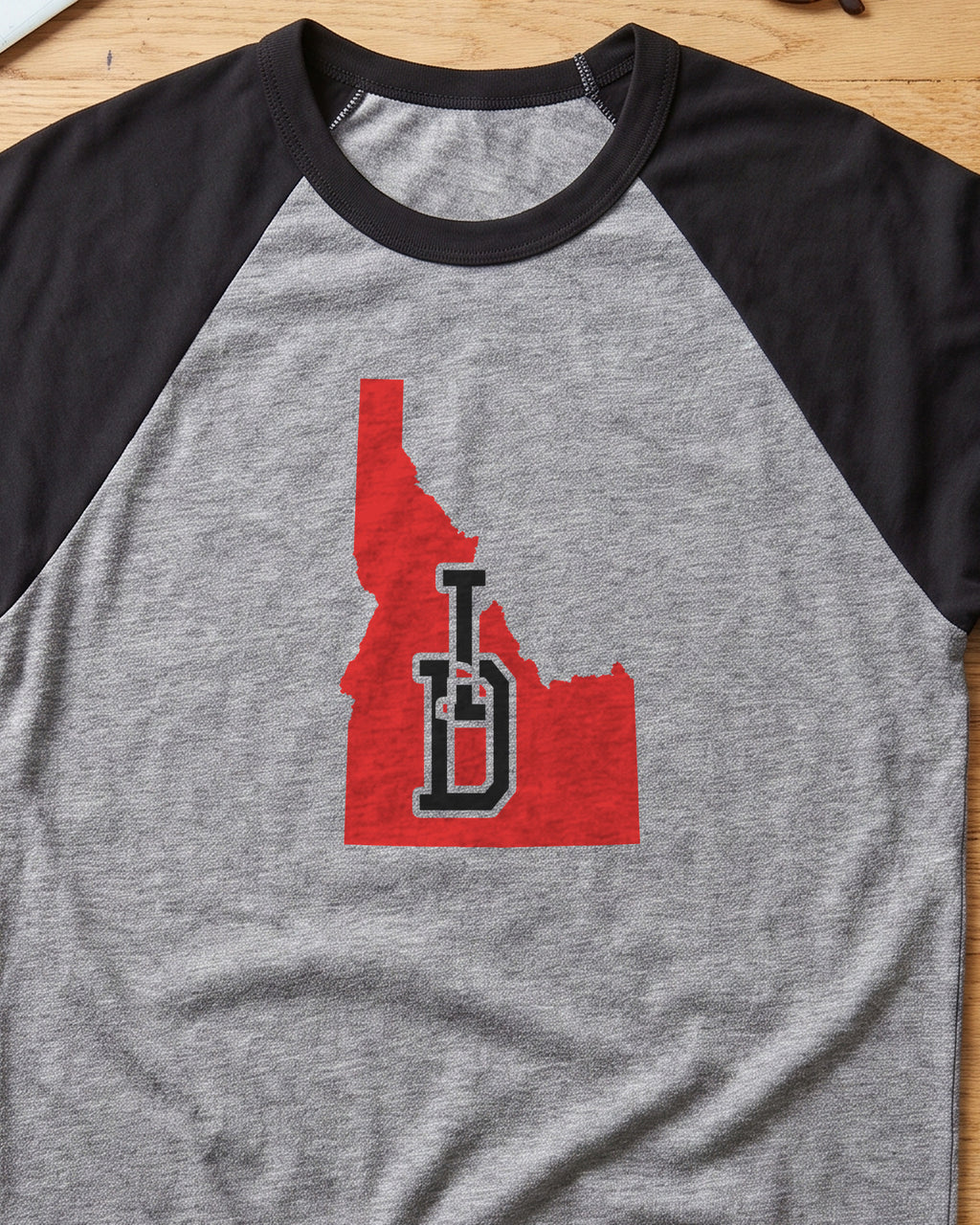 Idaho Varsity Monogram Map Raglan 3/4 Sleeve Tee (close-up)