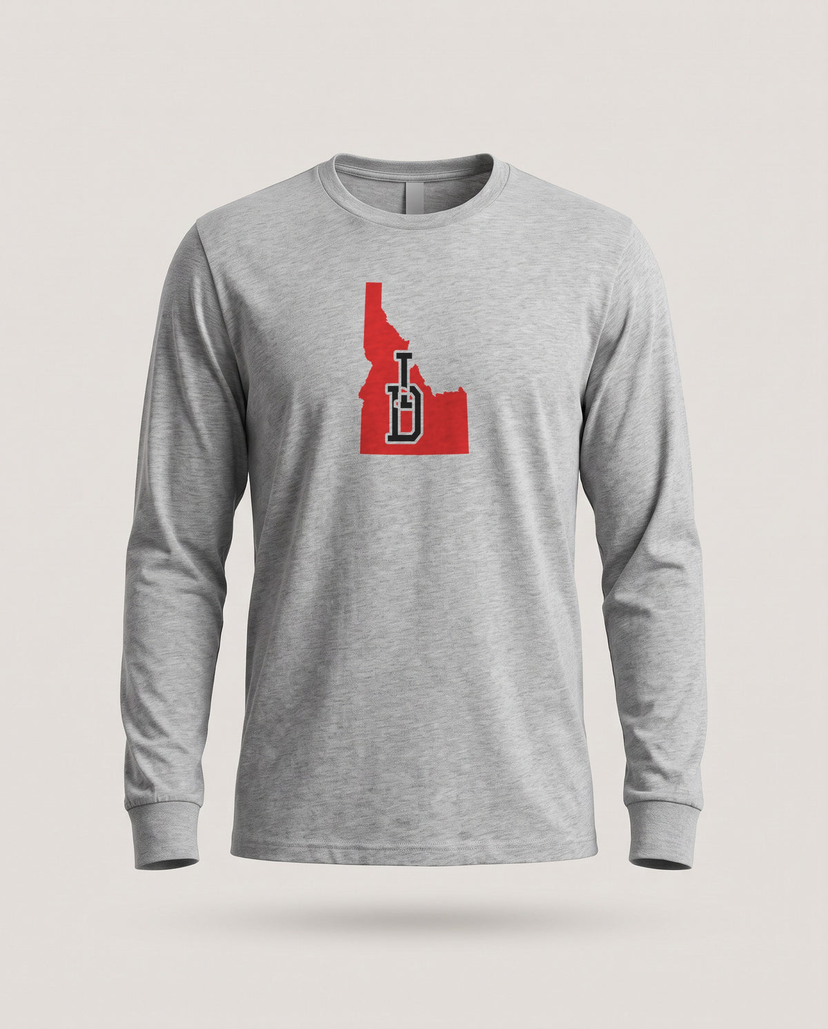 Idaho Varsity Monogram Map Long Sleeve Tee — Athletic Heather (mockup)