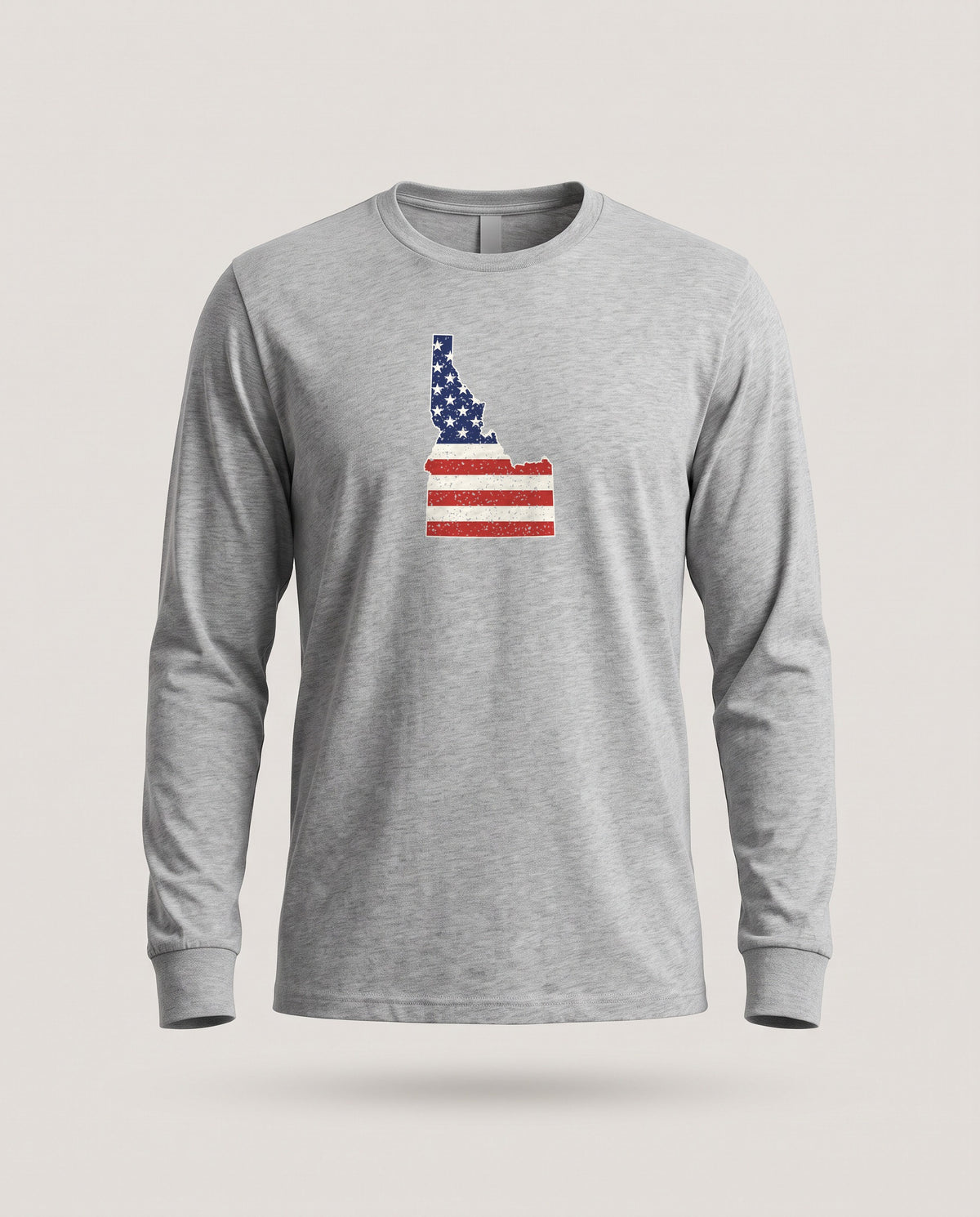 Idaho American Flag Map Long Sleeve Tee — Athletic Heather (mockup)