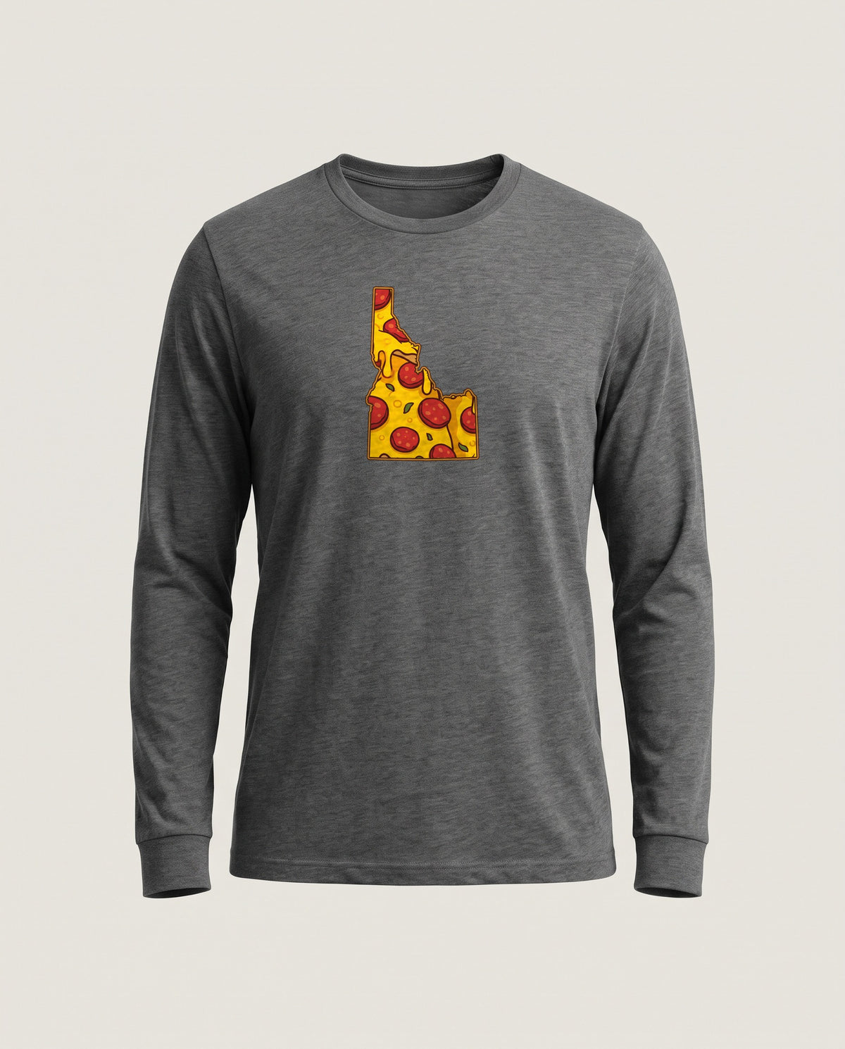 Idaho Pizza Map Long Sleeve Tee — Dark Grey Heather (mockup)