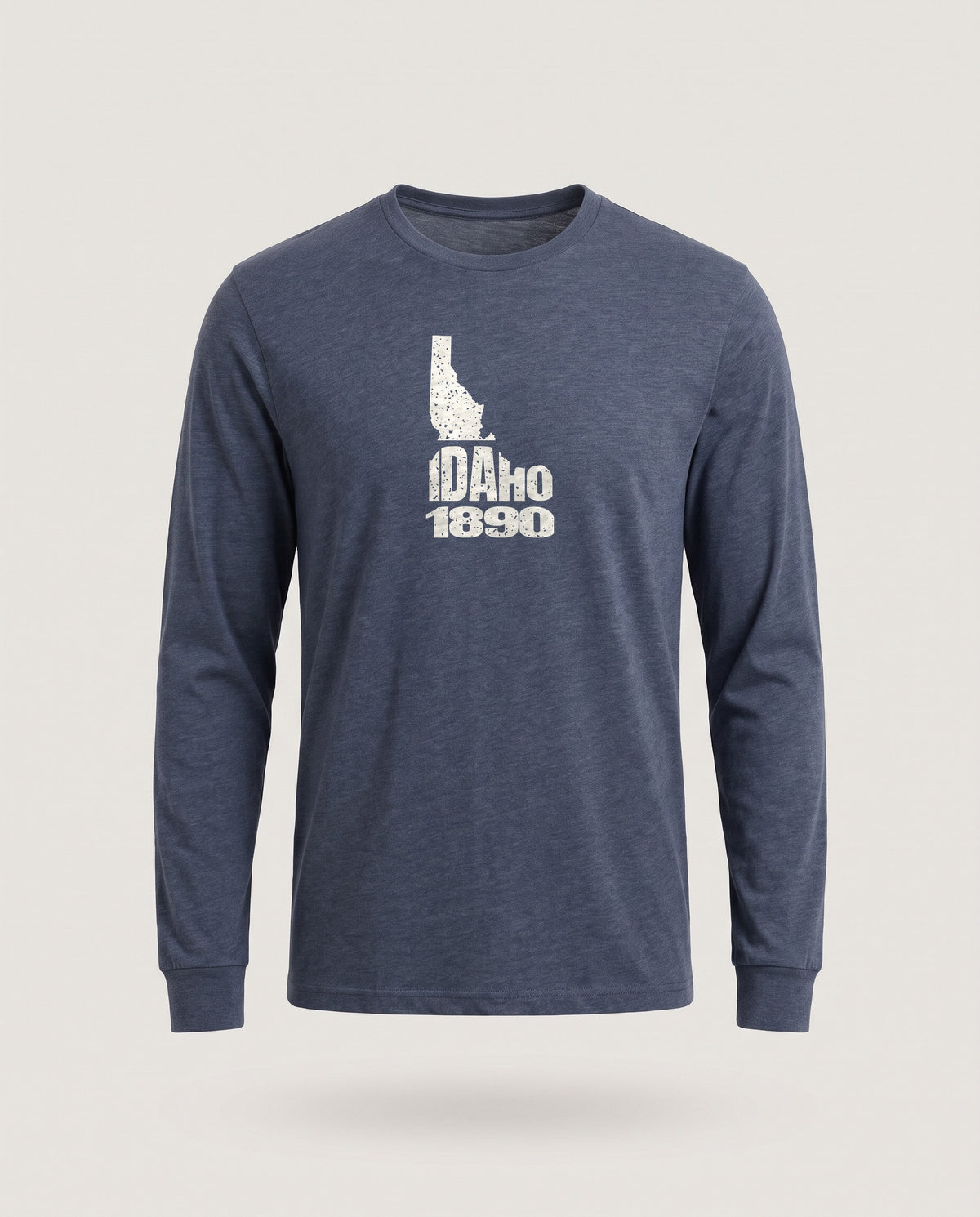 Idaho Vintage Letters Map Long Sleeve Tee — Heather Navy (mockup)