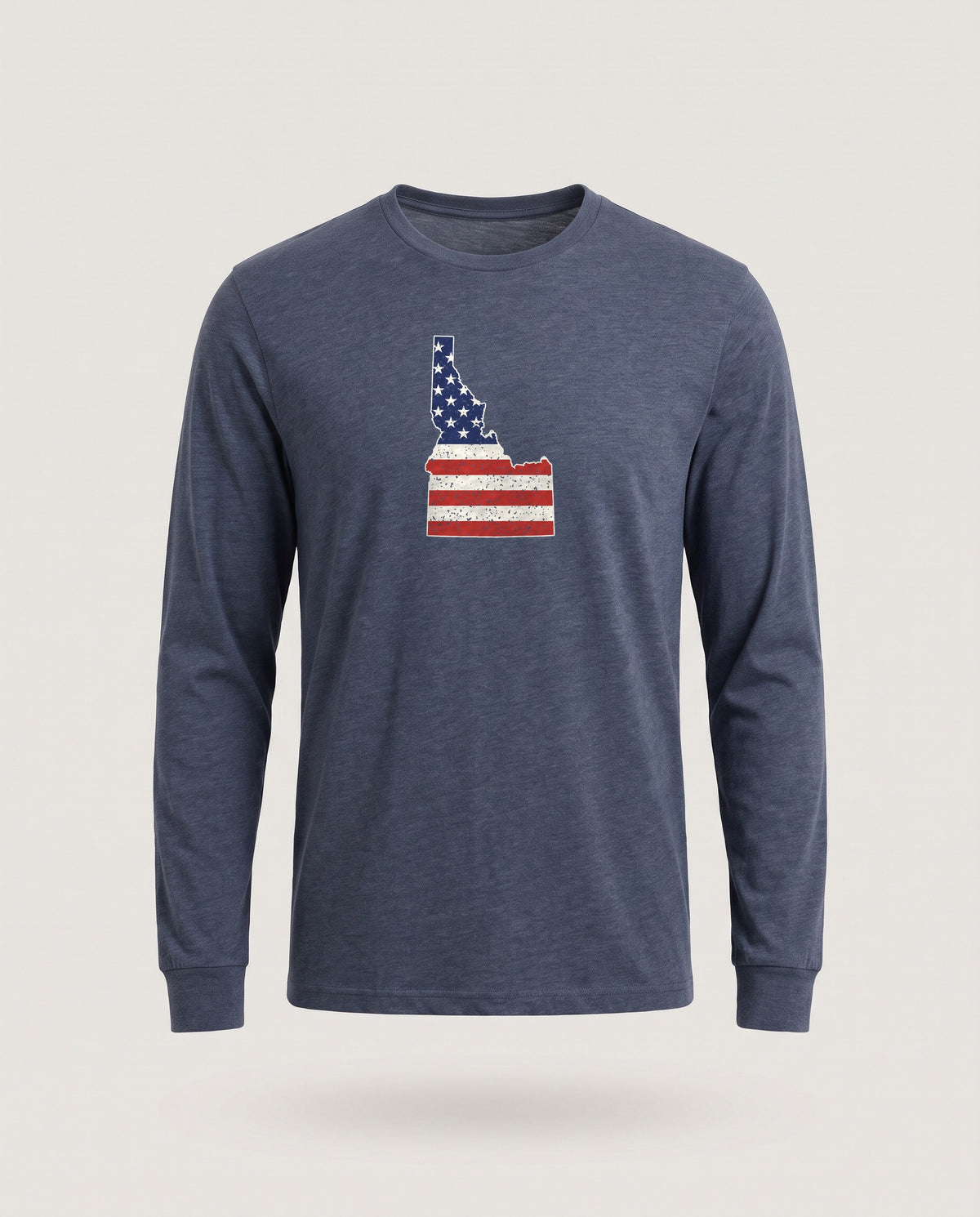 Idaho American Flag Map Long Sleeve Tee — Heather Navy (mockup)