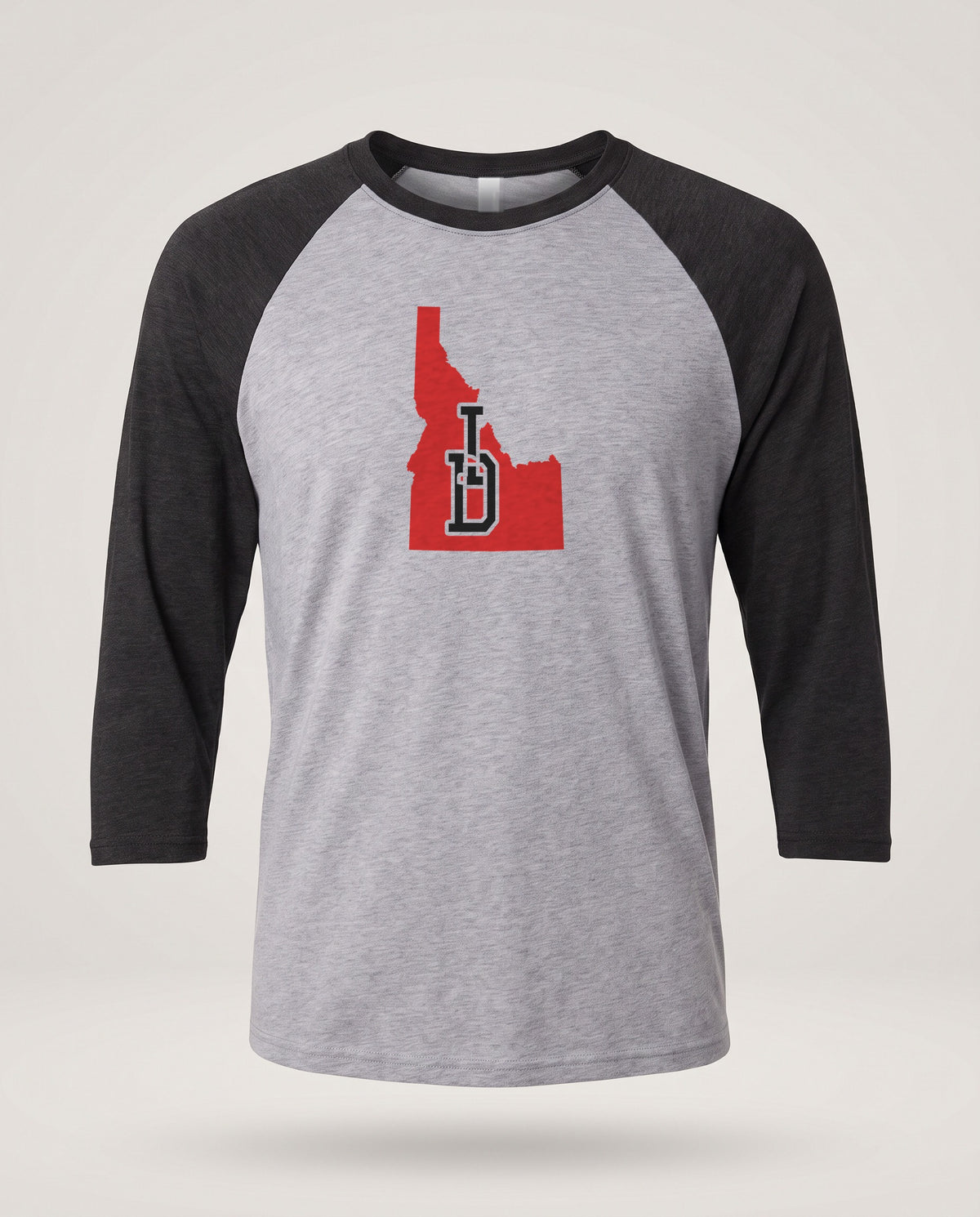 Idaho Varsity Monogram Map Raglan 3/4 Sleeve Tee — Vintage Black / Premium Heather (mockup)