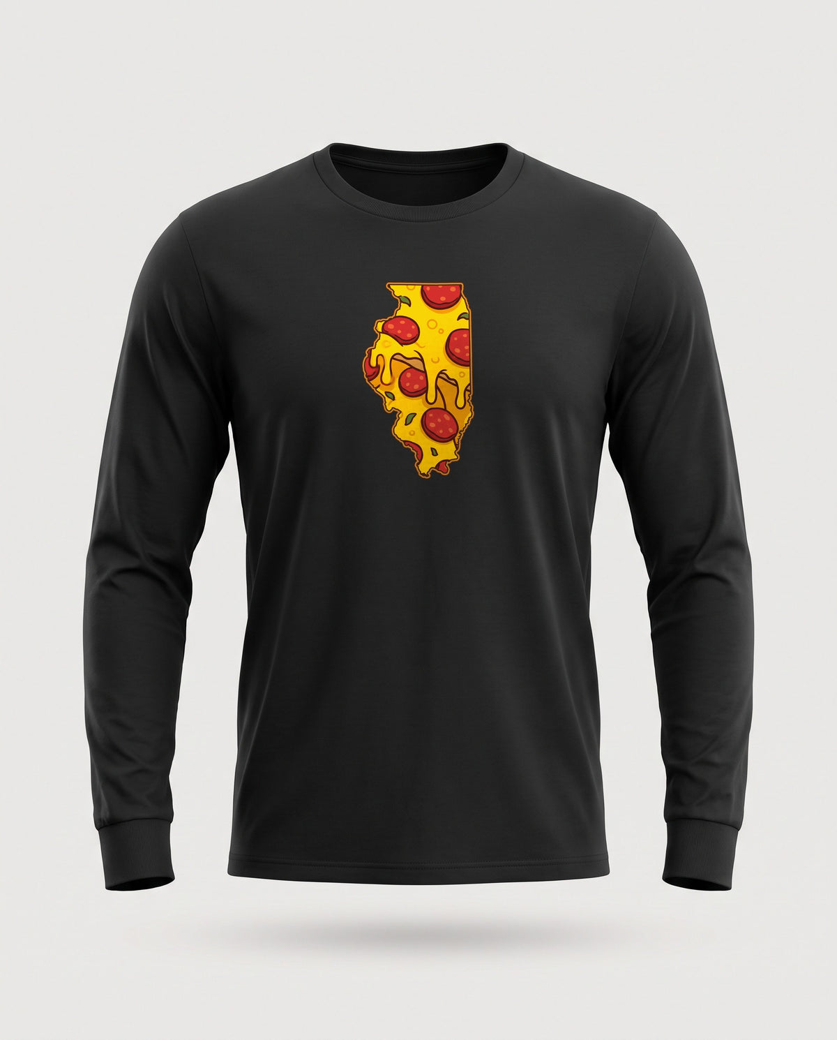Illinois Pizza Map Long Sleeve Tee — Black (mockup)