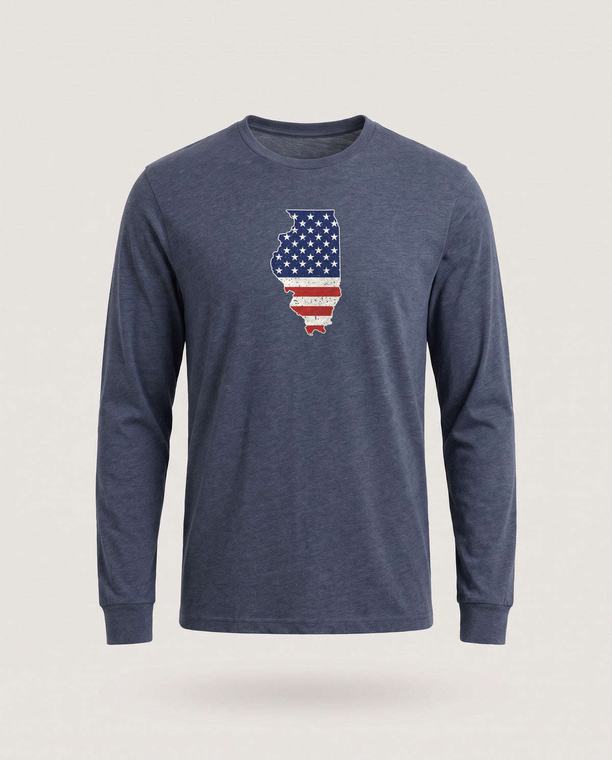 Illinois American Flag Map Long Sleeve Tee — Heather Navy (mockup)