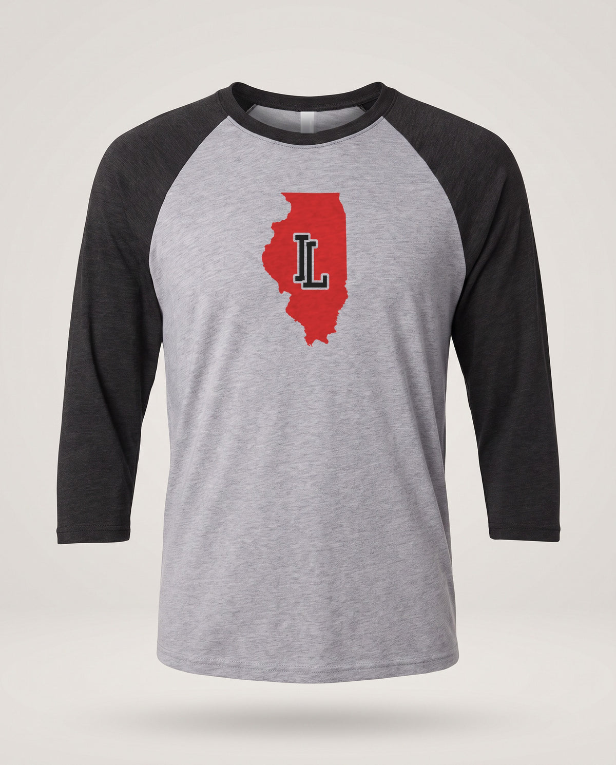 Illinois Varsity Monogram Map Raglan 3/4 Sleeve Tee — Vintage Black / Premium Heather (mockup)