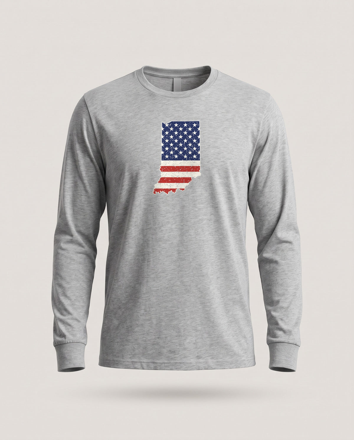 Indiana American Flag Map Long Sleeve Tee — Athletic Heather (mockup)