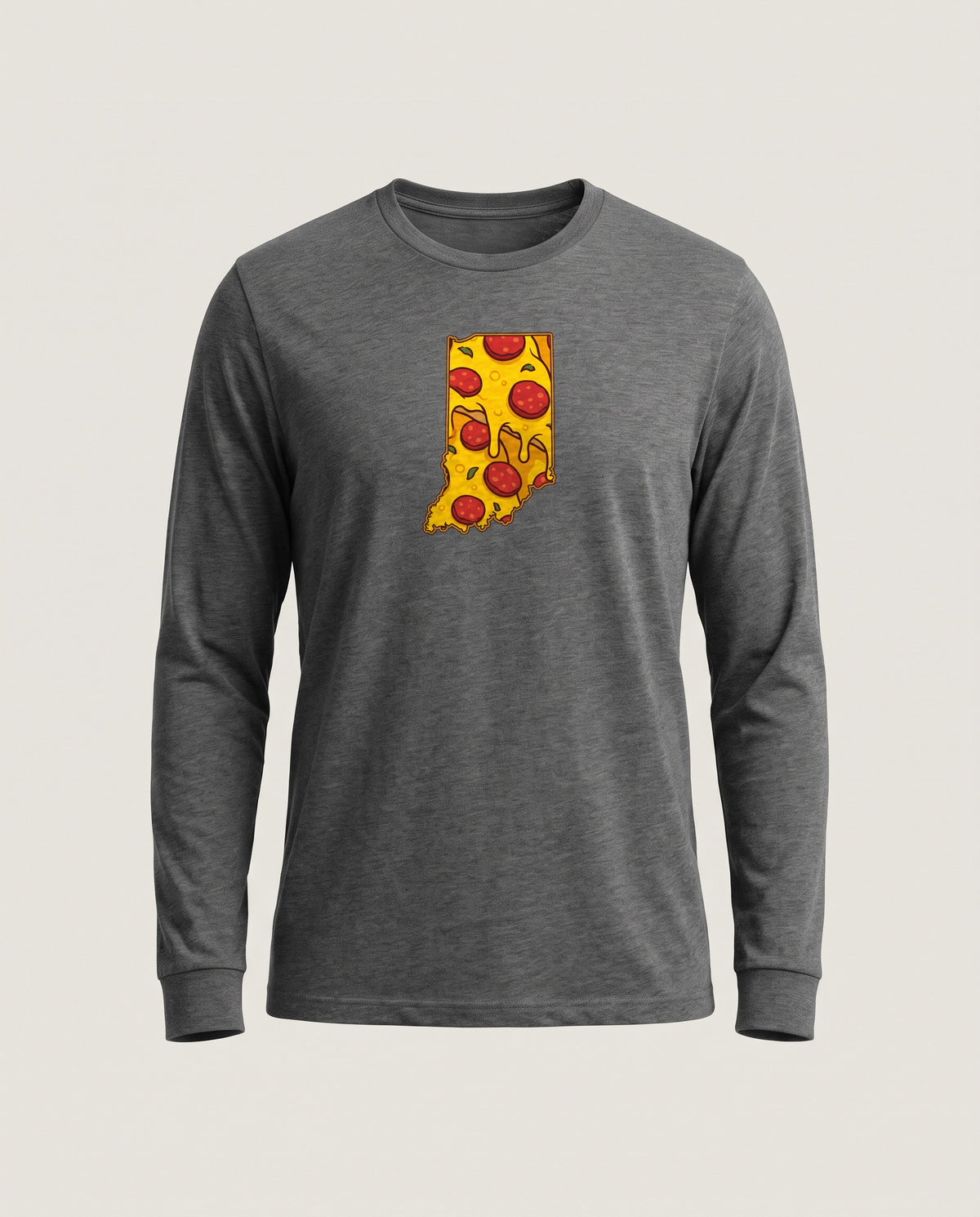 Indiana Pizza Map Long Sleeve Tee — Dark Grey Heather (mockup)