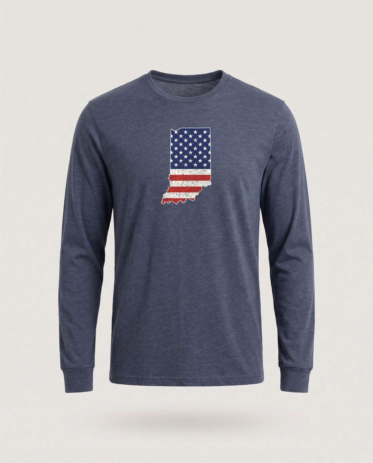 Indiana American Flag Map Long Sleeve Tee — Heather Navy (mockup)