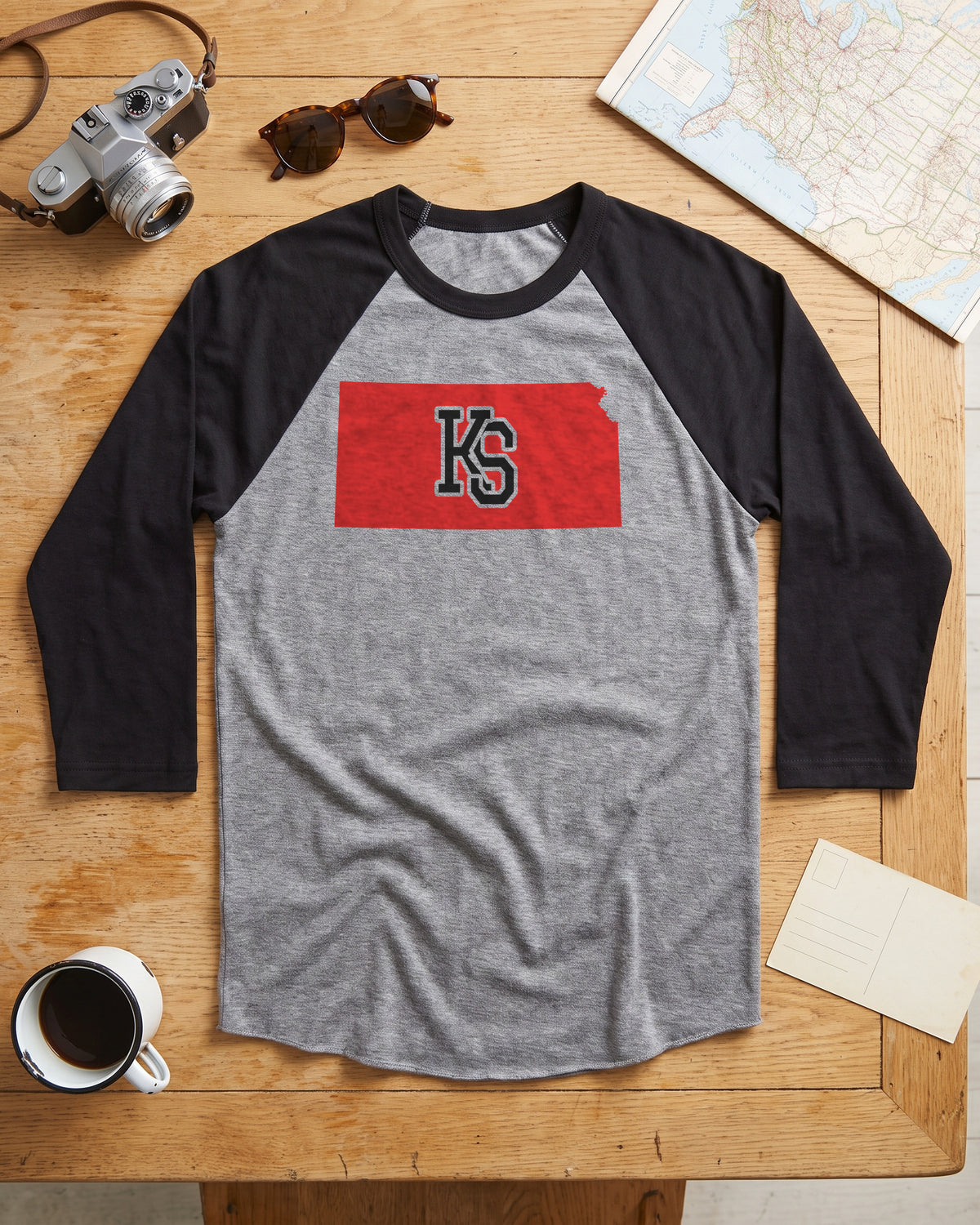 Kansas Varsity Monogram Map Raglan 3/4 Sleeve Tee (photo)