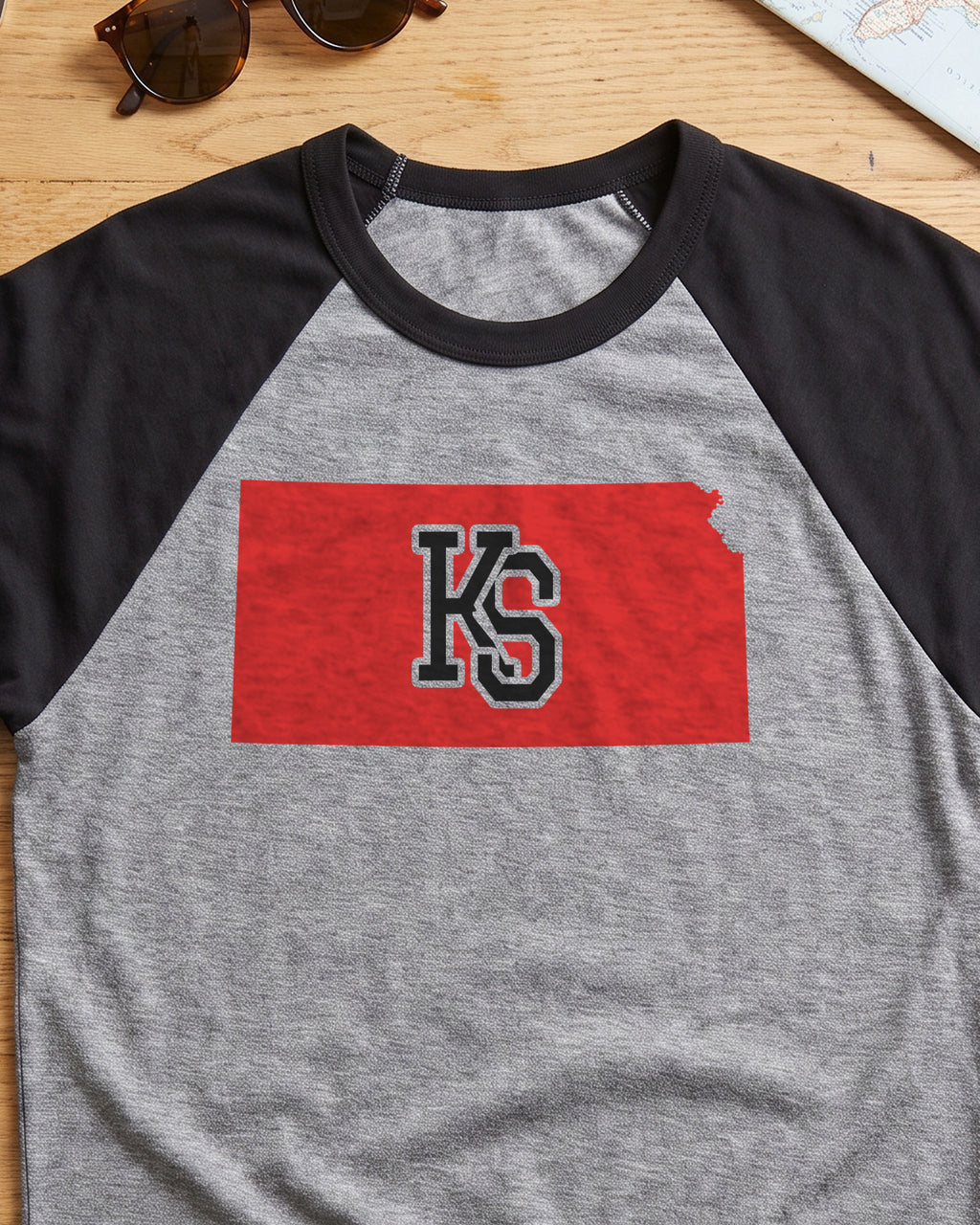 Kansas Varsity Monogram Map Raglan 3/4 Sleeve Tee (close-up)