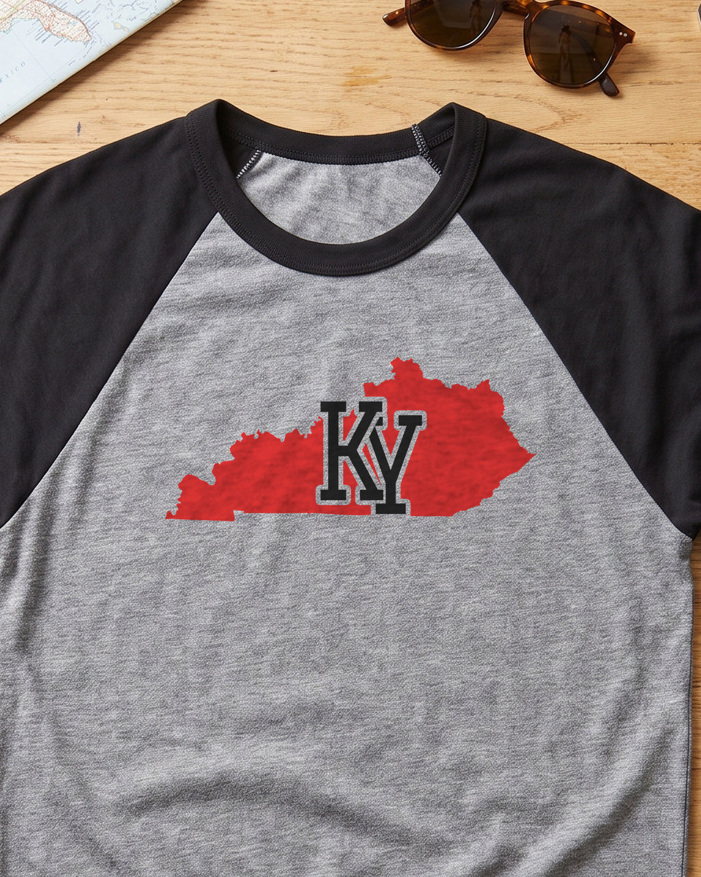 Kentucky Varsity Monogram Map Raglan 3/4 Sleeve Tee (close-up)