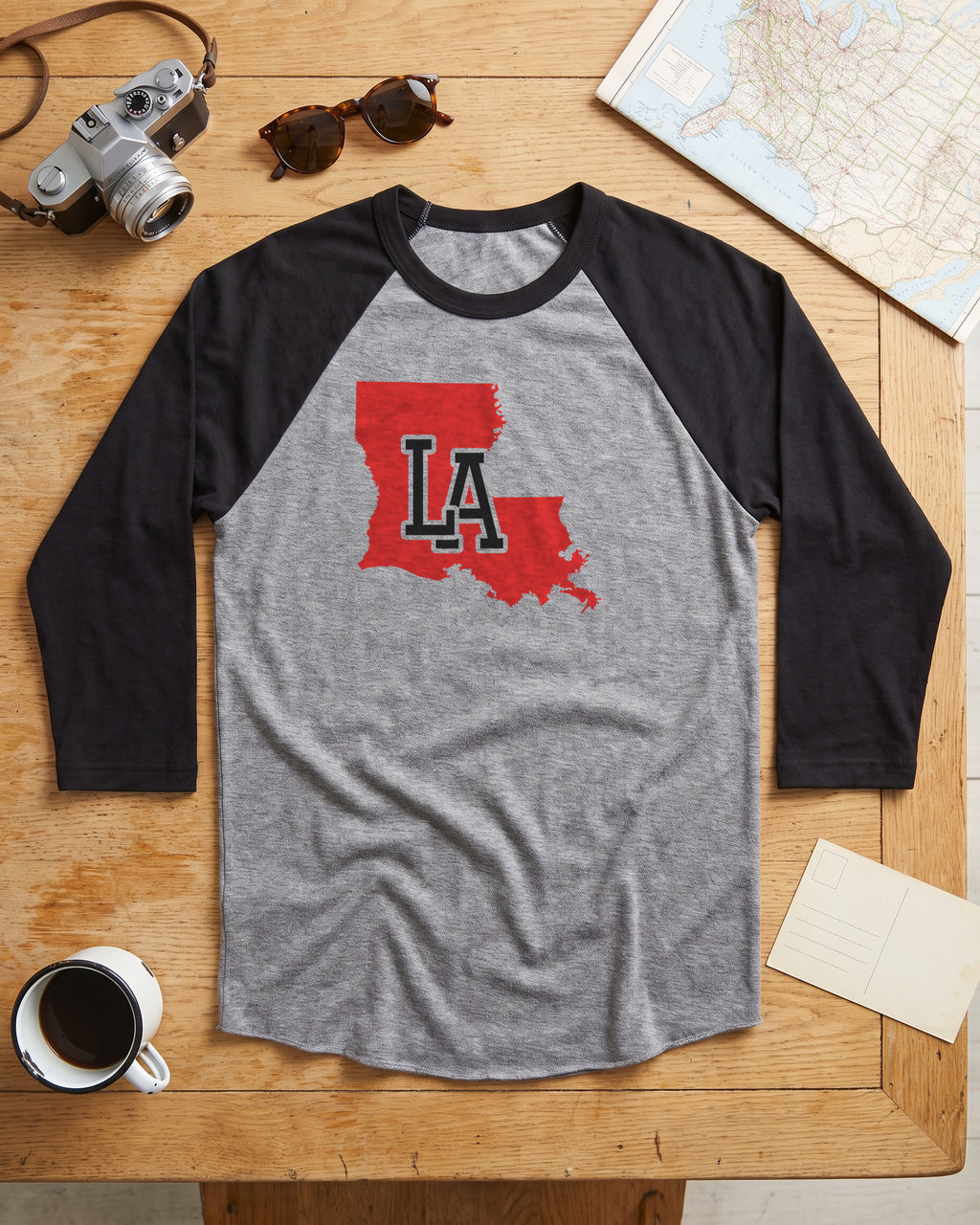 Louisiana Varsity Monogram Map Raglan 3/4 Sleeve Tee (photo)