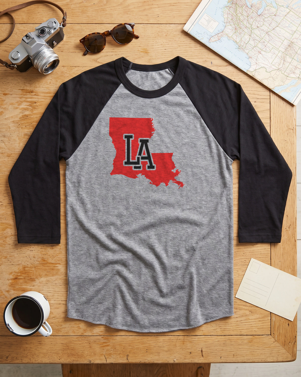 Louisiana Varsity Monogram Map Raglan 3/4 Sleeve Tee (photo)