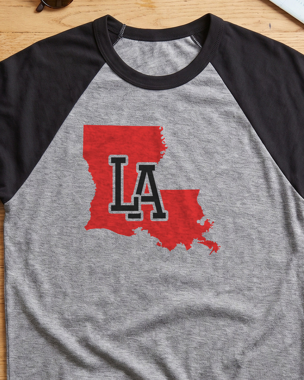 Louisiana Varsity Monogram Map Raglan 3/4 Sleeve Tee (close-up)