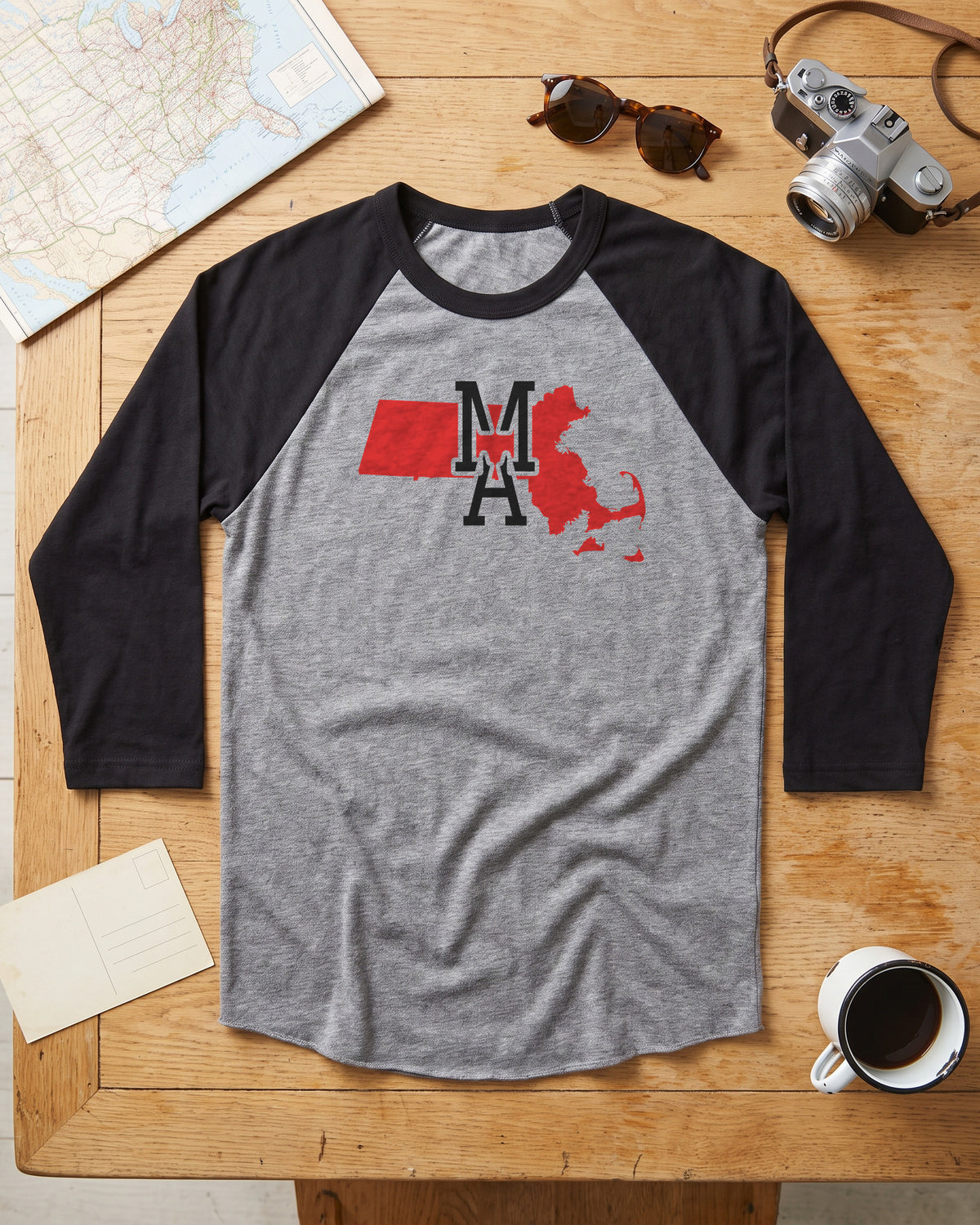 Massachusetts Varsity Monogram Map Raglan 3/4 Sleeve Tee (photo)