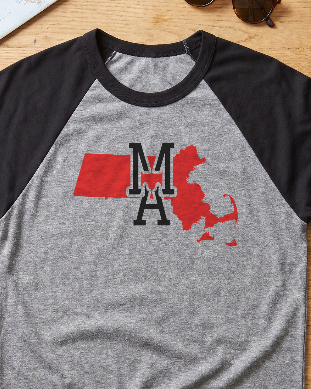 Massachusetts Varsity Monogram Map Raglan 3/4 Sleeve Tee (close-up)