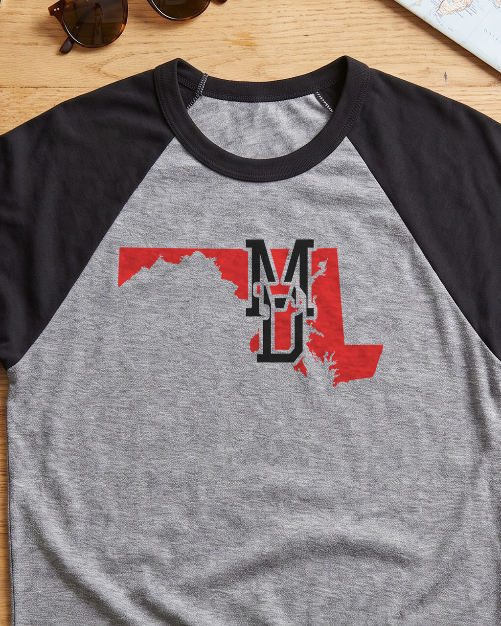 Maryland Varsity Monogram Map Raglan 3/4 Sleeve Tee (close-up)
