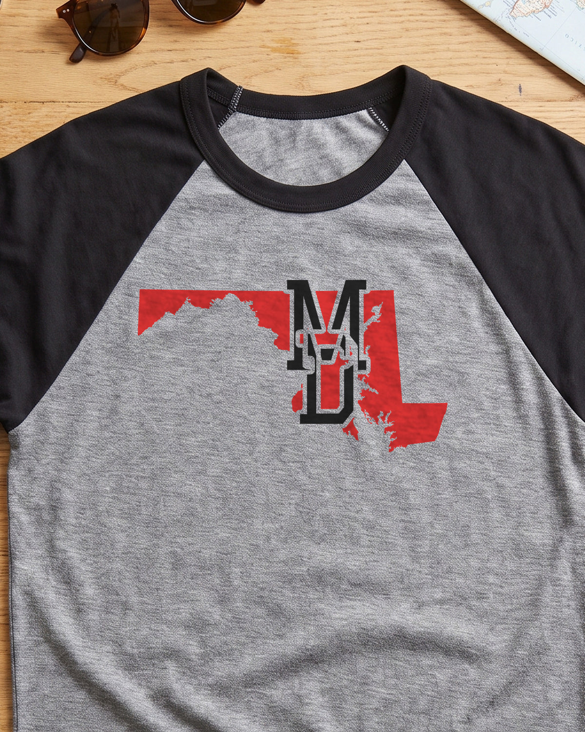 Maryland Varsity Monogram Map Raglan 3/4 Sleeve Tee (close-up)