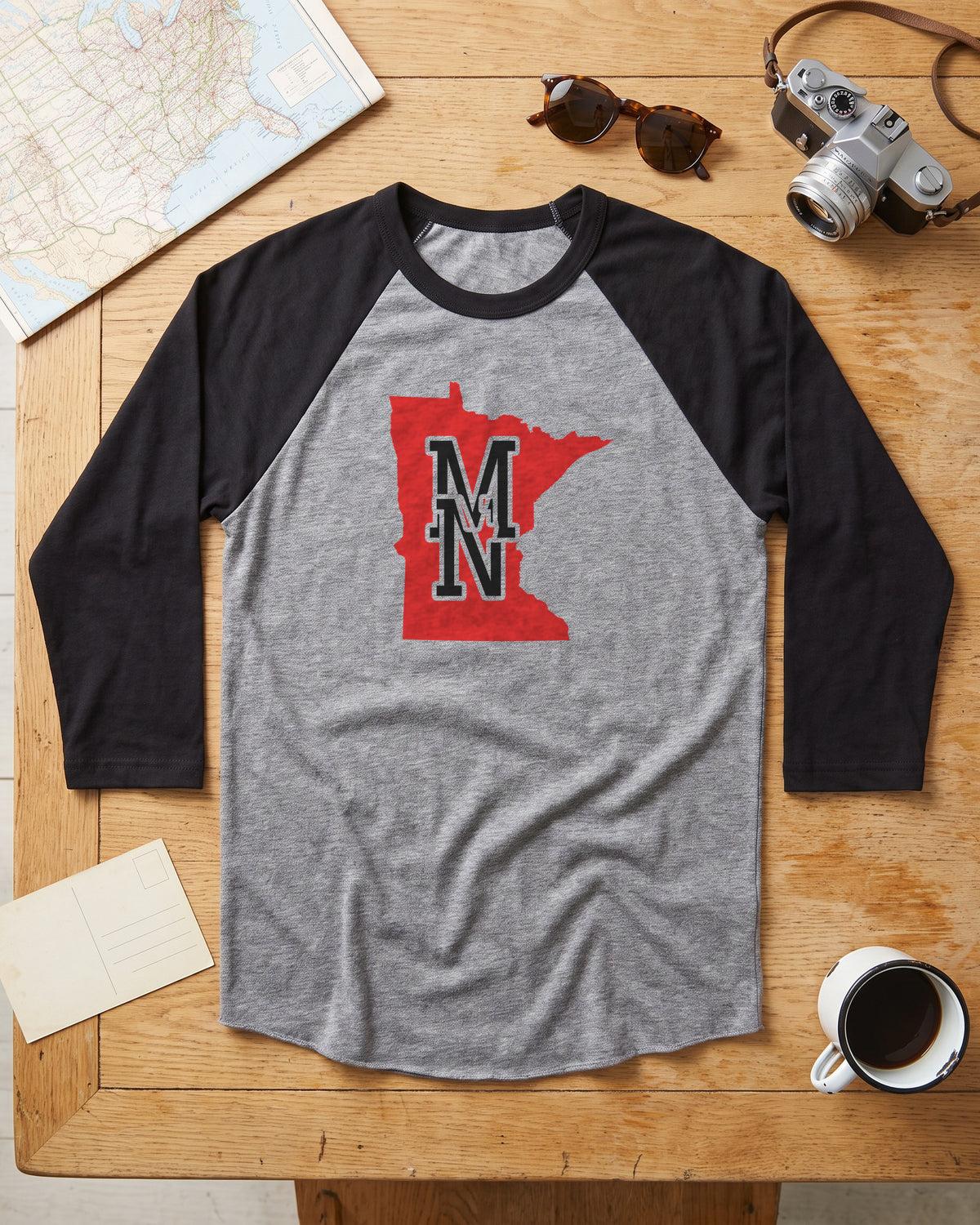 Minnesota Varsity Monogram Map Raglan 3/4 Sleeve Tee (photo)