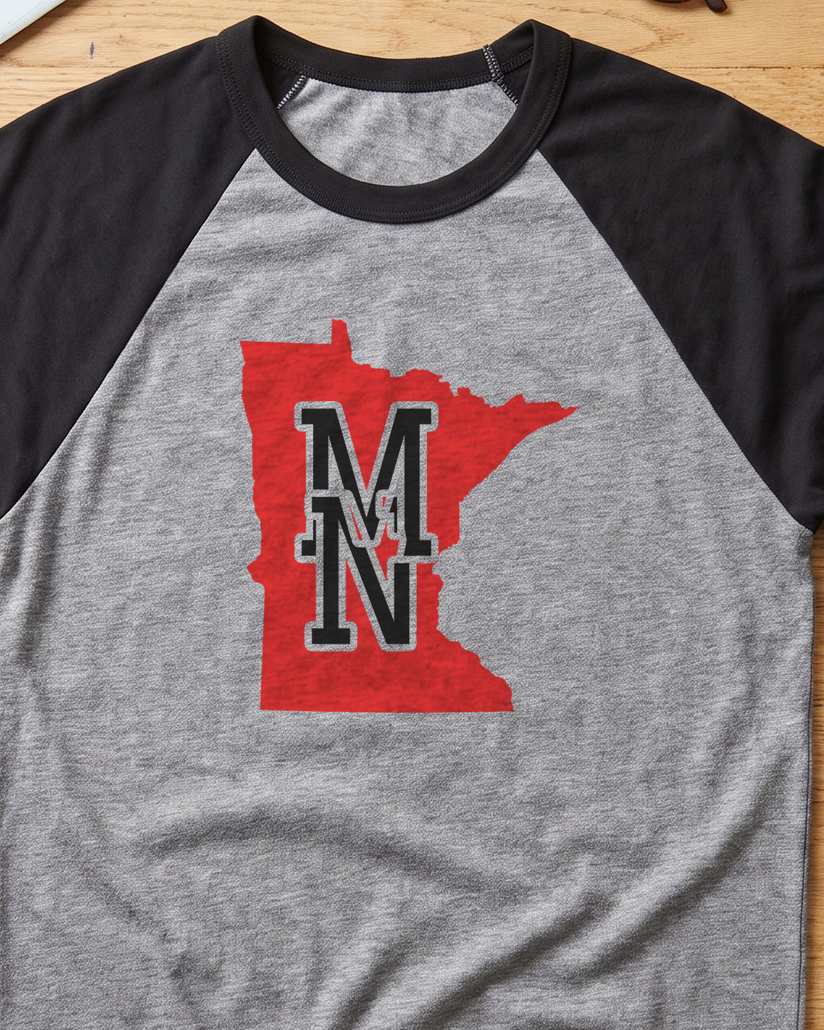 Minnesota Varsity Monogram Map Raglan 3/4 Sleeve Tee (close-up)