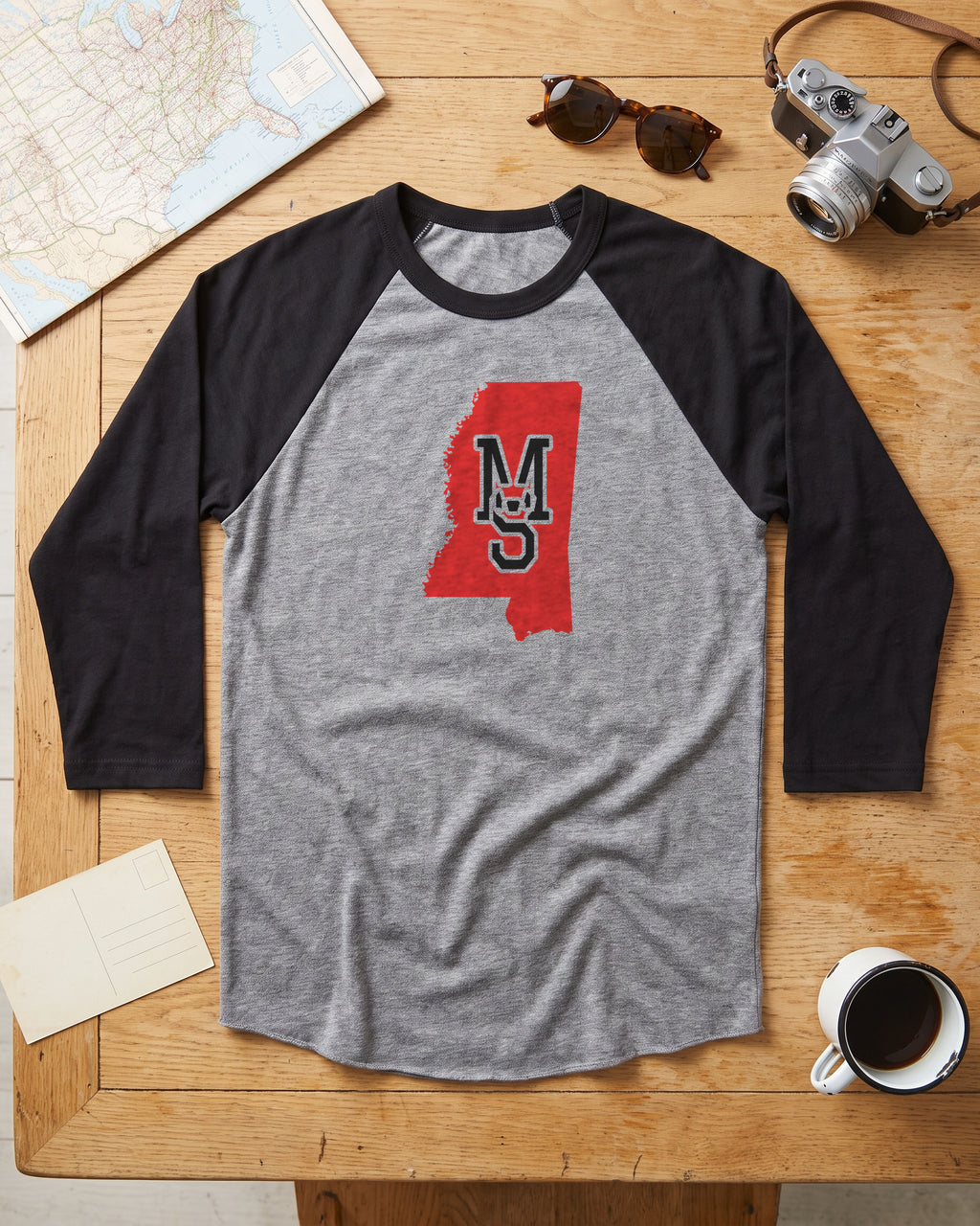 Mississippi Varsity Monogram Map Raglan 3/4 Sleeve Tee (photo)