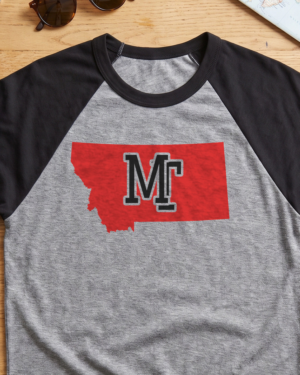 Montana Varsity Monogram Map Raglan 3/4 Sleeve Tee (close-up)