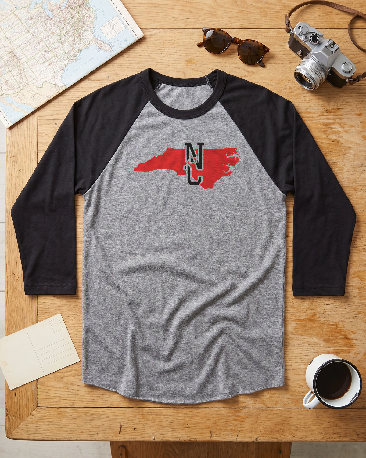 North Carolina Varsity Monogram Map Raglan 3/4 Sleeve Tee (photo)