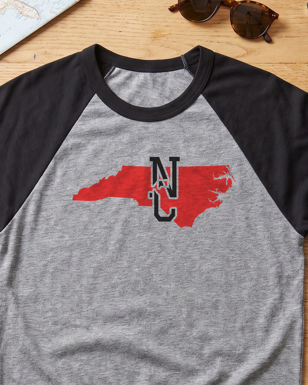 North Carolina Varsity Monogram Map Raglan 3/4 Sleeve Tee (close-up)