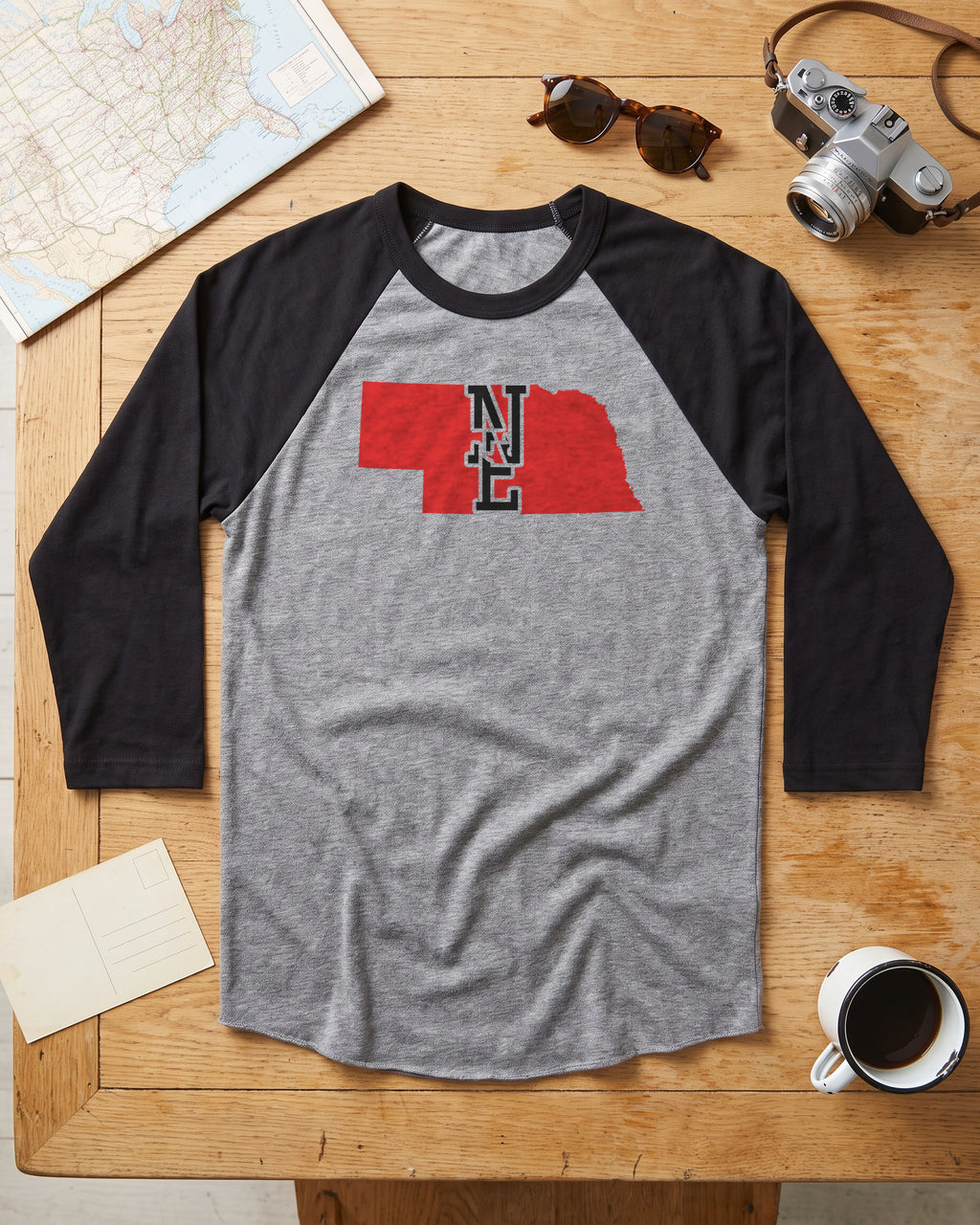 Nebraska Varsity Monogram Map Raglan 3/4 Sleeve Tee (photo)