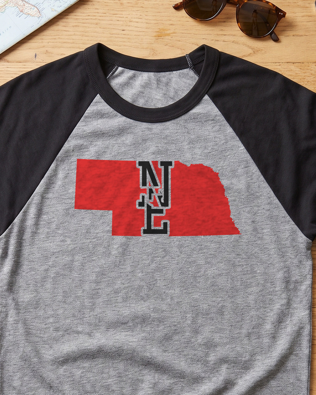 Nebraska Varsity Monogram Map Raglan 3/4 Sleeve Tee (close-up)