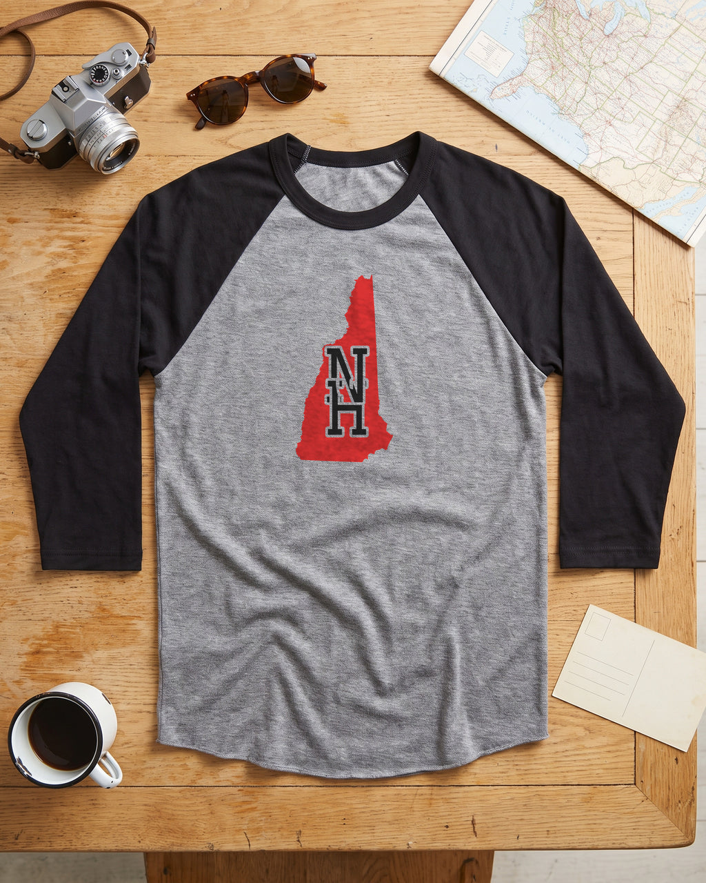 New Hampshire Varsity Monogram Map Raglan 3/4 Sleeve Tee (photo)