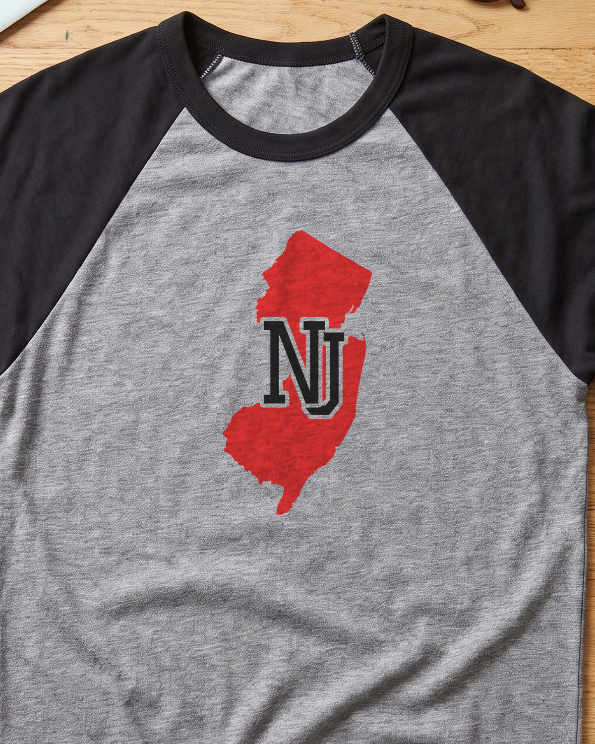 New Jersey Varsity Monogram Map Raglan 3/4 Sleeve Tee (close-up)