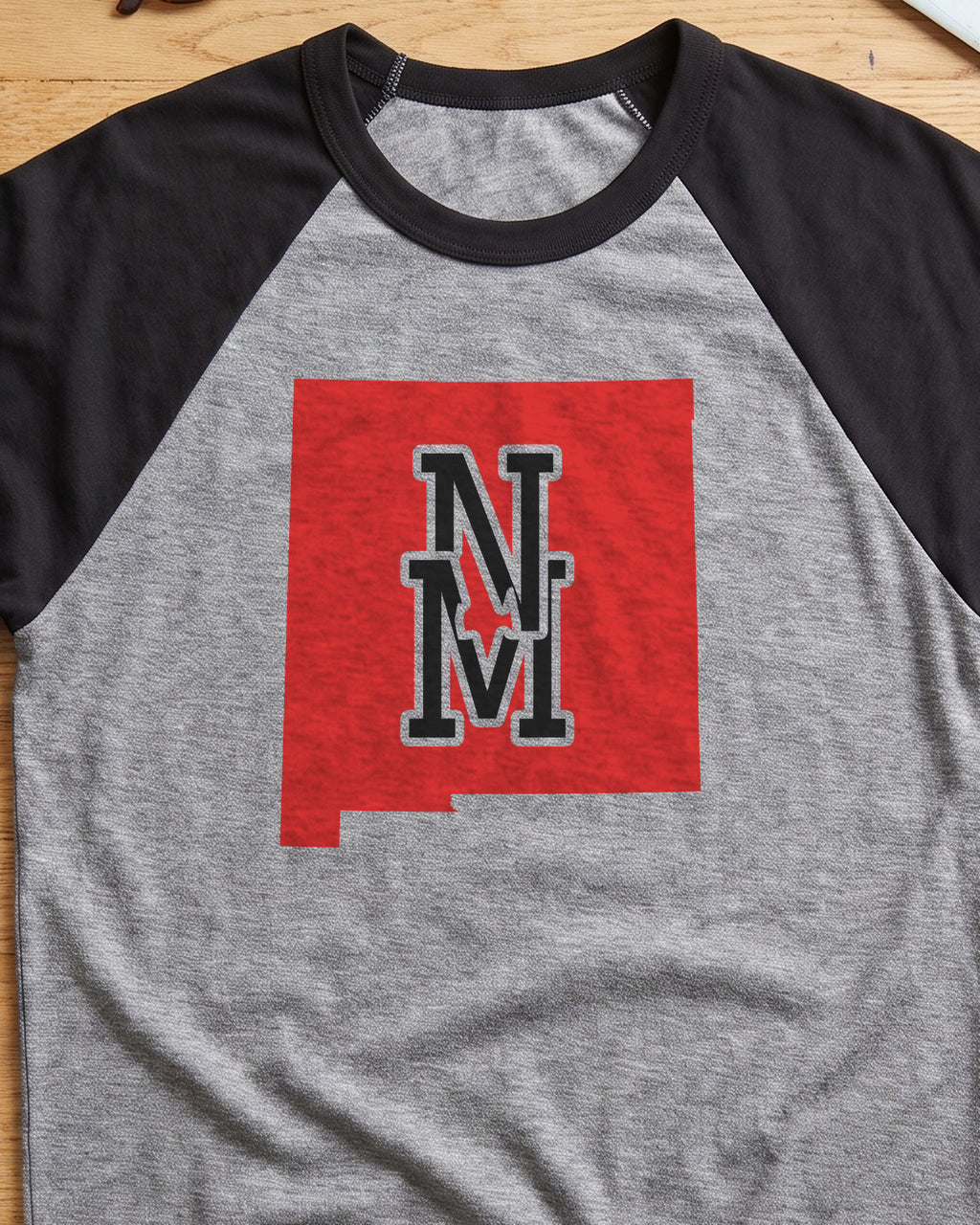 New Mexico Varsity Monogram Map Raglan 3/4 Sleeve Tee (close-up)