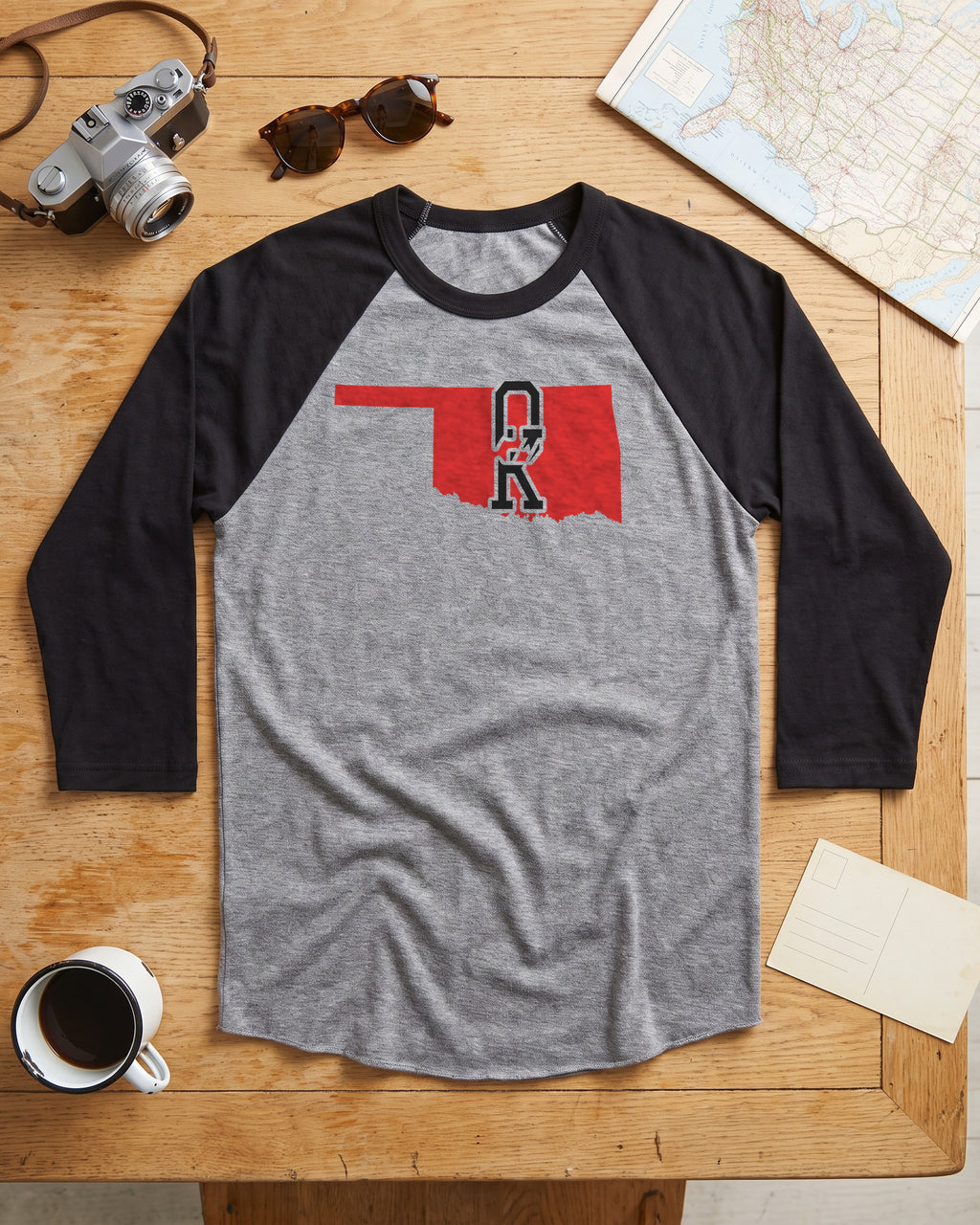 Oklahoma Varsity Monogram Map Raglan 3/4 Sleeve Tee (photo)