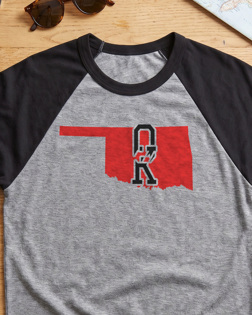 Oklahoma Varsity Monogram Map Raglan 3/4 Sleeve Tee (close-up)