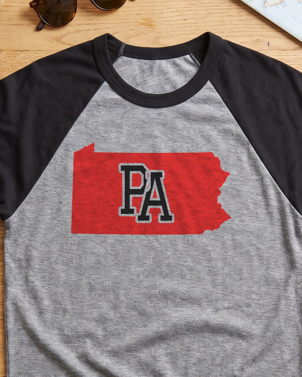 Pennsylvania Varsity Monogram Map Raglan 3/4 Sleeve Tee (close-up)