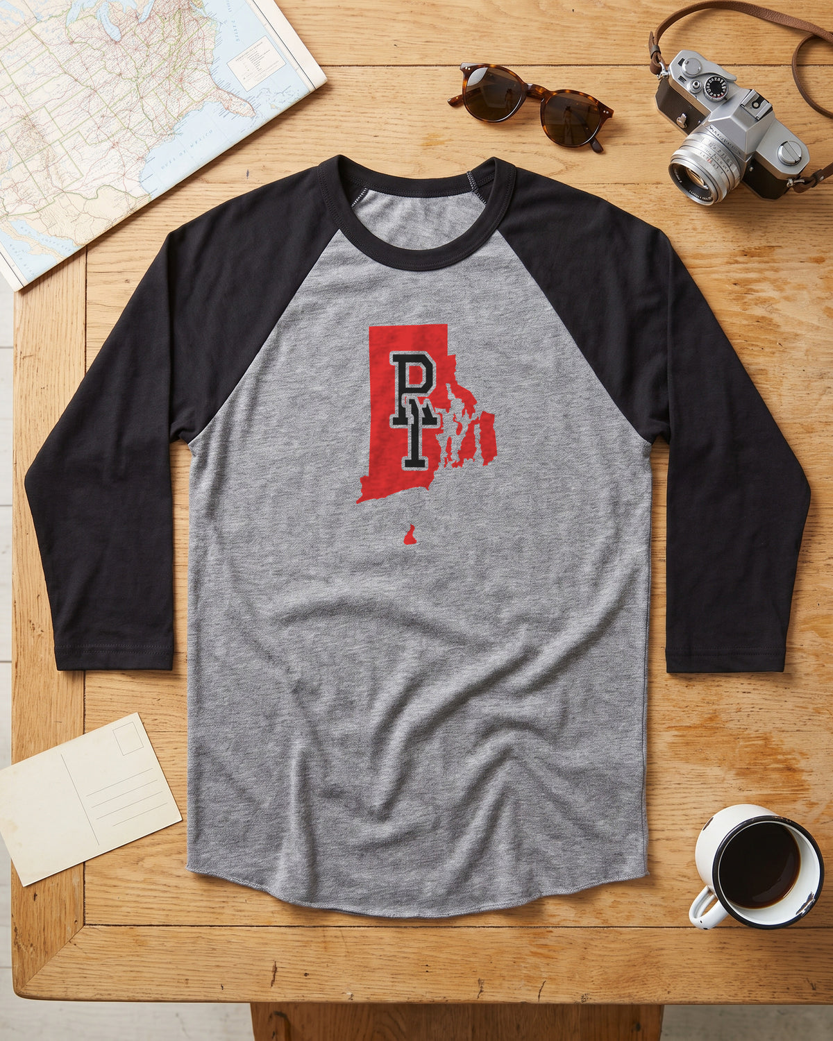 Rhode Island Varsity Monogram Map Raglan 3/4 Sleeve Tee (photo)