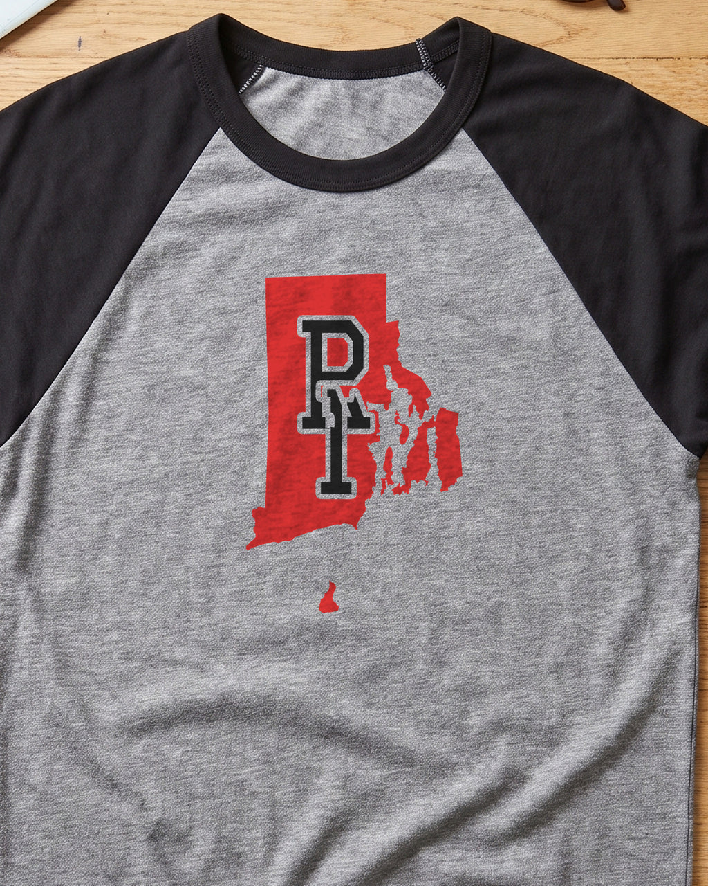 Rhode Island Varsity Monogram Map Raglan 3/4 Sleeve Tee (close-up)