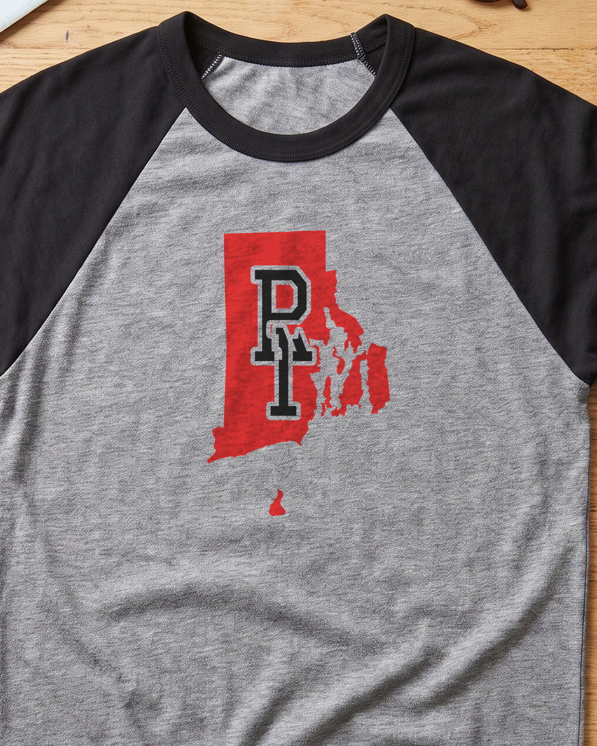 Rhode Island Varsity Monogram Map Raglan 3/4 Sleeve Tee (close-up)