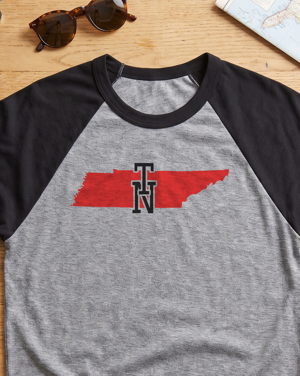 Tennessee Varsity Monogram Map Raglan 3/4 Sleeve Tee (close-up)