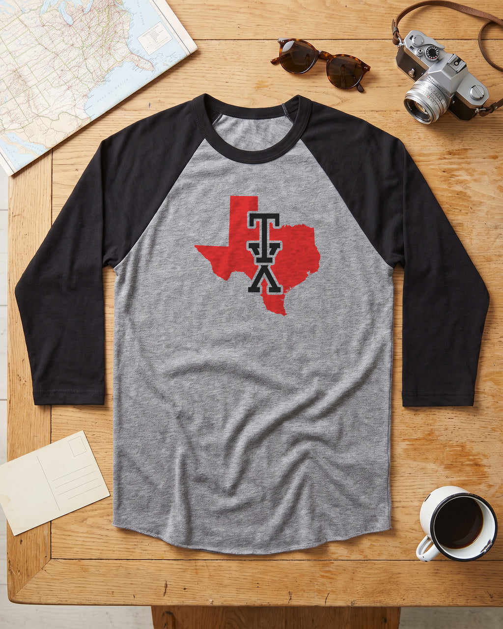 Texas Varsity Monogram Map Raglan 3/4 Sleeve Tee (photo)