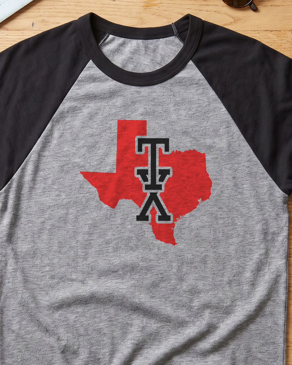 Texas Varsity Monogram Map Raglan 3/4 Sleeve Tee (close-up)